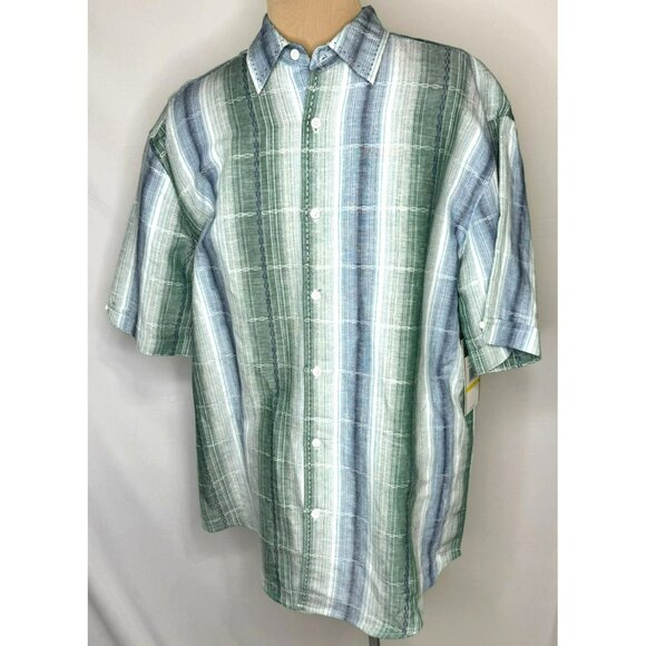 NWT Havanera Mens Green & Blue Plaid Short Sleeve Linen Blend Size M - Picture 2 of 11